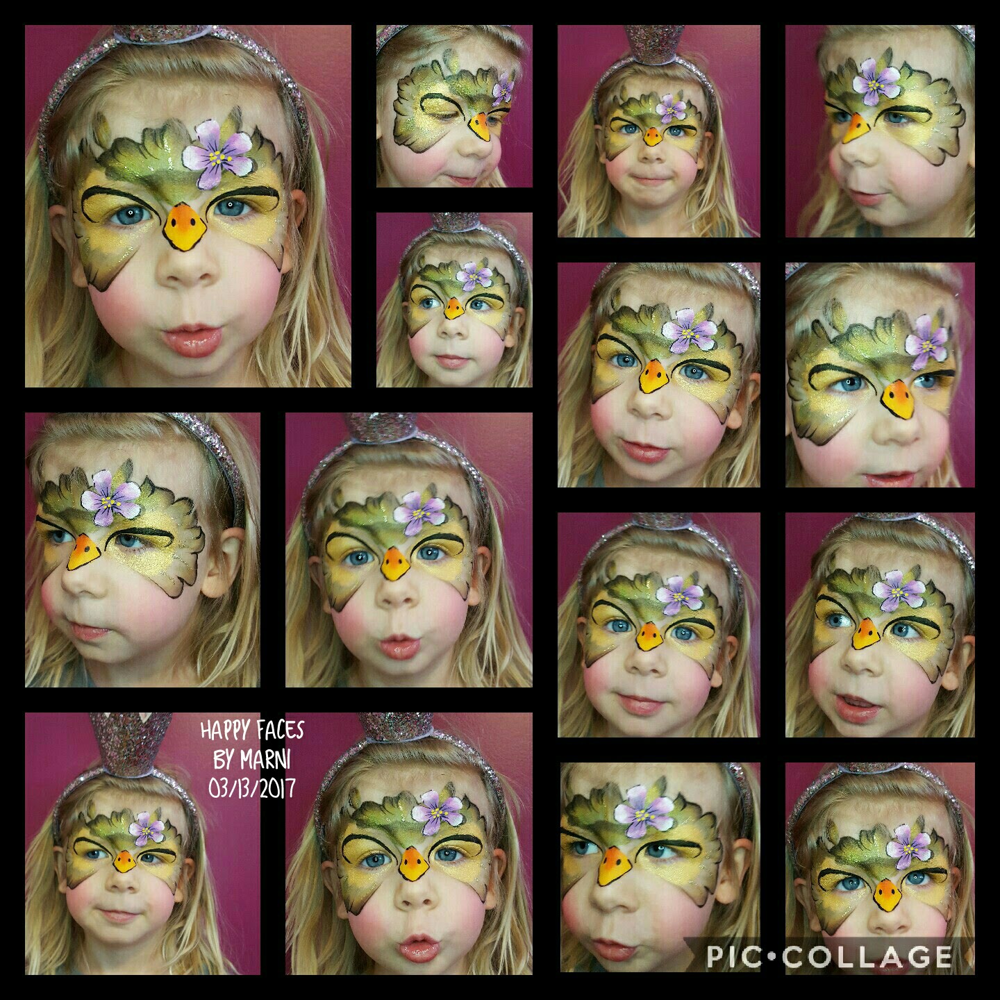 Pretty Bird face paint design by Happy Faces by Marni, Calgary
